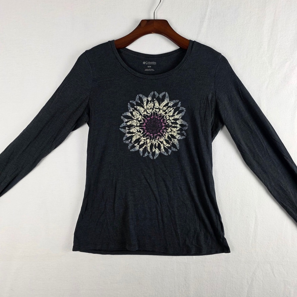 Columbia Womens M Dark Gray Heather Mandala Graphic Long Sleeve Tee Shirt